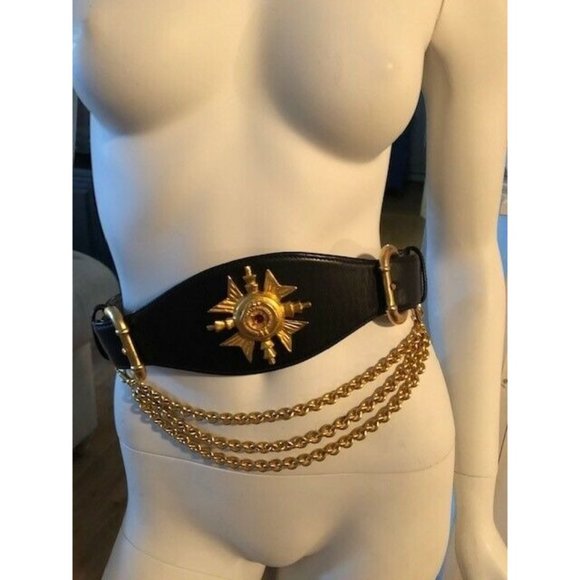 RARE VINTAGE ROBERT LEE MORRIS 4 DONNA KARAN GRIPOIX MALTESE CROSS LEATHER BELT - Picture 2 of 7